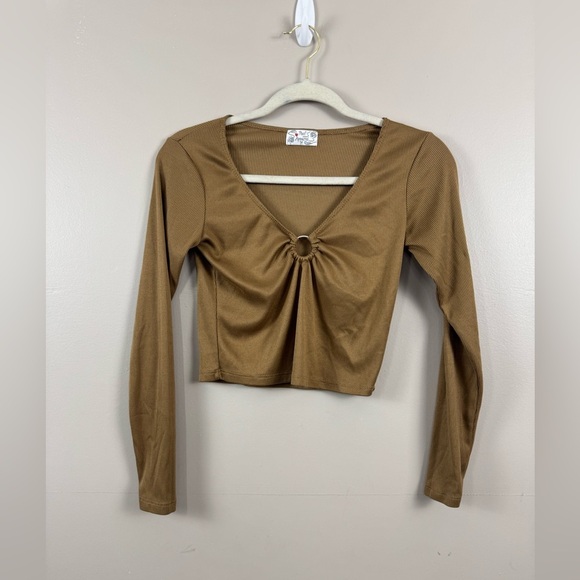 Y2K Keyhole Crop Top M Earthy Neutral Soft Knit Layering Transitional Minimalist - Picture 1 of 7
